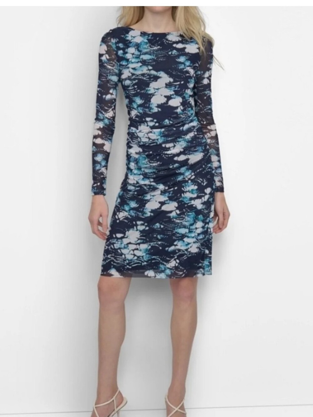 DKNY NWT Navy Blue Floral Mesh Ruched Long Sleeve Bodycon Sheath Dress Sz 12